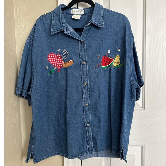 Mandal Bay Tops - Vintage Mandal Bay‎ BBQ Embroidered Denim Shirt - XL - Rare 90s Kitschy Vintage